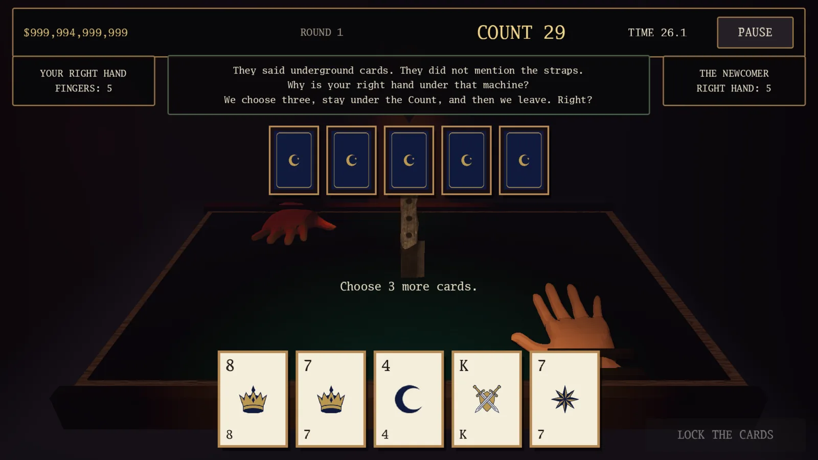 ANTE ZERO in play: the card table at COUNT 29, five fingers on each side, three cards left to choose