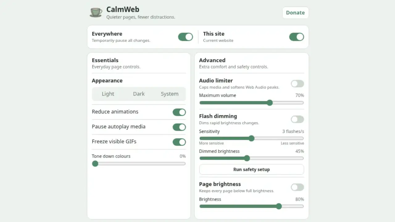 The CalmWeb popup settings panel: Everywhere and This site switches, an Essentials column with appearance, animation, autoplay and GIF controls, and an Advanced column with audio limiter, flash dimming and page brightness